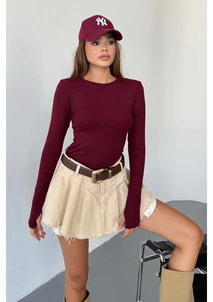 Kadın Bisiklet Yaka Basic Uzun Kollu Parmak Geçmeli Modal Kumaş Body Bluz