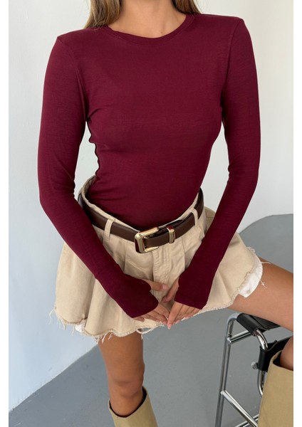 Kadın Bisiklet Yaka Basic Uzun Kollu Parmak Geçmeli Modal Kumaş Body Bluz