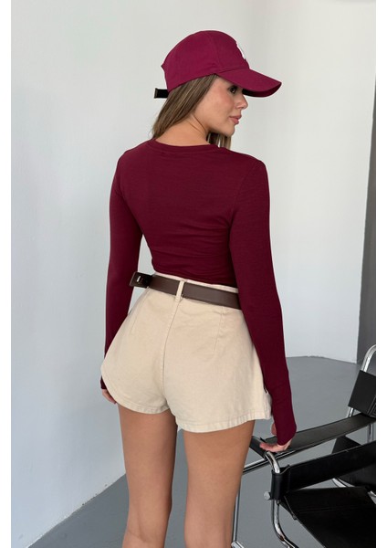 Kadın Bisiklet Yaka Basic Uzun Kollu Parmak Geçmeli Modal Kumaş Body Bluz