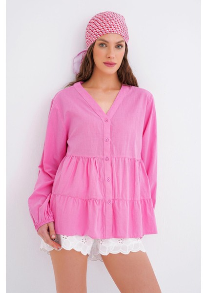 4637 Kadın Katlı V Yaka Yazlık Keten Gömlek Pembe