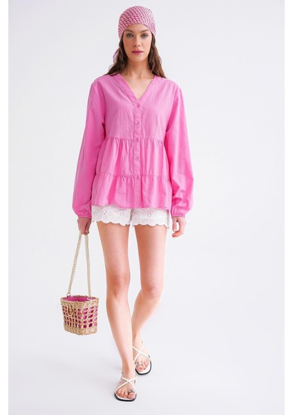 4637 Kadın Katlı V Yaka Yazlık Keten Gömlek Pembe fiyatları