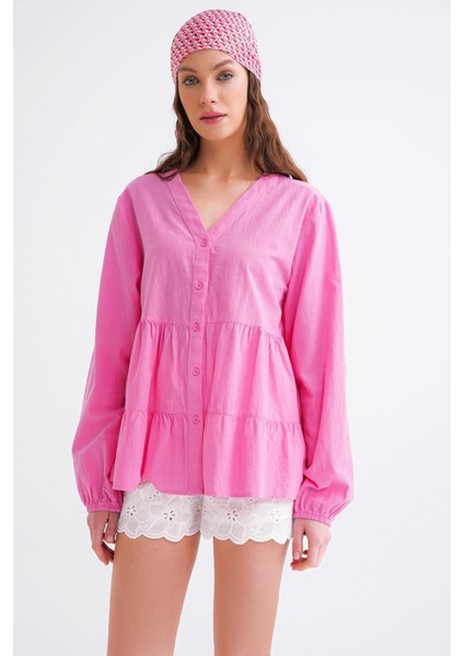 4637 Kadın Katlı V Yaka Yazlık Keten Gömlek Pembe modelleri