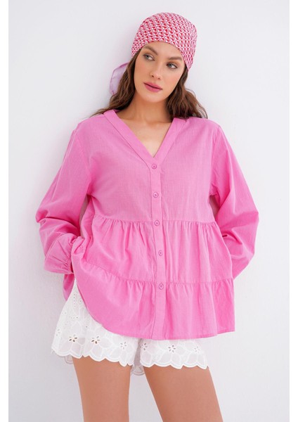 4637 Kadın Katlı V Yaka Yazlık Keten Gömlek Pembe fırsatları
