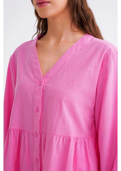 4637 Kadın Katlı V Yaka Yazlık Keten Gömlek Pembe indirimleri