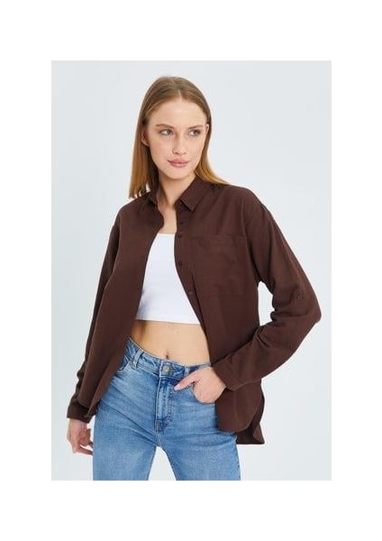 9942 Kadın Oxford Uzun Kol Basic Gömlek Kahve