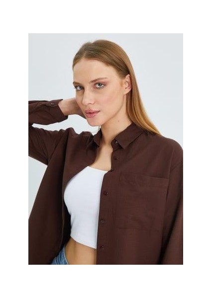 9942 Kadın Oxford Uzun Kol Basic Gömlek Kahve modelleri