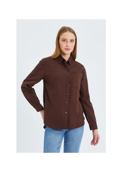 9942 Kadın Oxford Uzun Kol Basic Gömlek Kahve fırsatları