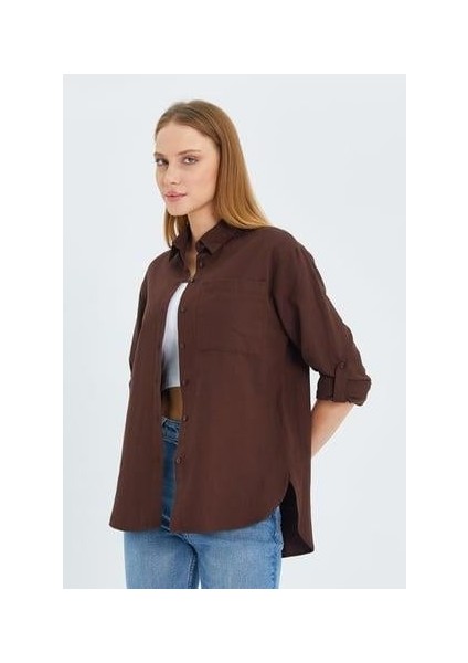 9942 Kadın Oxford Uzun Kol Basic Gömlek Kahve indirimleri