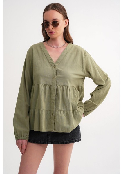4637 Kadın Katlı V Yaka Yazlık Keten Gömlek Çağla