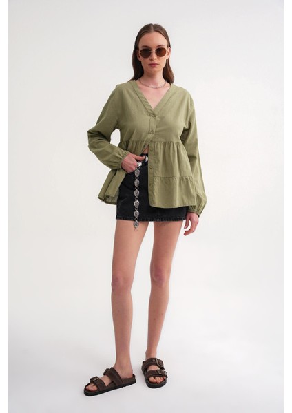 4637 Kadın Katlı V Yaka Yazlık Keten Gömlek Çağla fiyatları