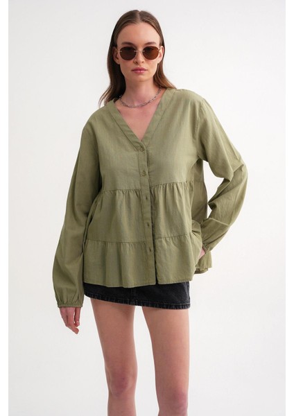 4637 Kadın Katlı V Yaka Yazlık Keten Gömlek Çağla modelleri