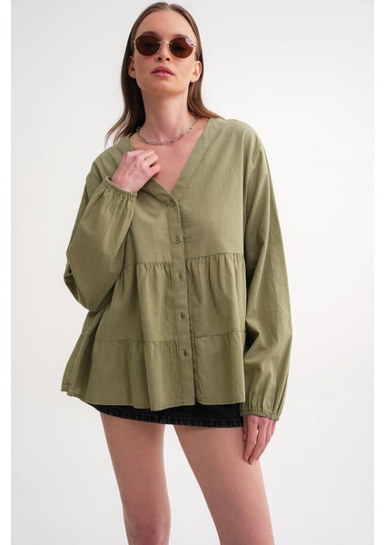 4637 Kadın Katlı V Yaka Yazlık Keten Gömlek Çağla fırsatları