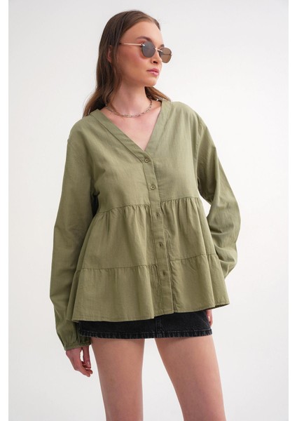 4637 Kadın Katlı V Yaka Yazlık Keten Gömlek Çağla indirimleri