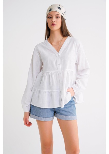 4637 Kadın Katlı V Yaka Yazlık Keten Gömlek Beyaz