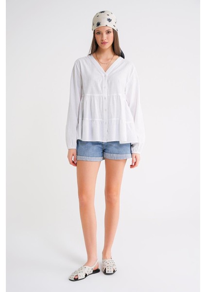 4637 Kadın Katlı V Yaka Yazlık Keten Gömlek Beyaz fiyatları