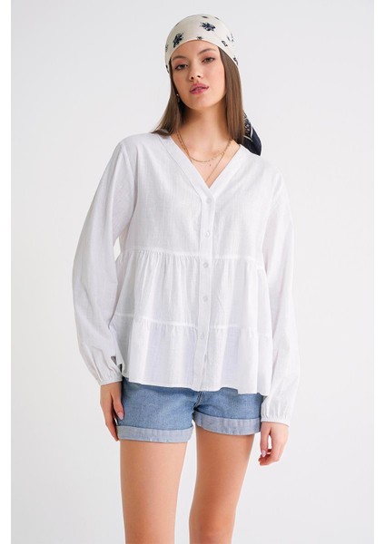 4637 Kadın Katlı V Yaka Yazlık Keten Gömlek Beyaz fırsatları