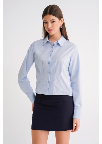 4645 Kadın Önü Pileli Uzun Kol Kısa Basic Fit Gömlek Bebe Mavi fiyatları