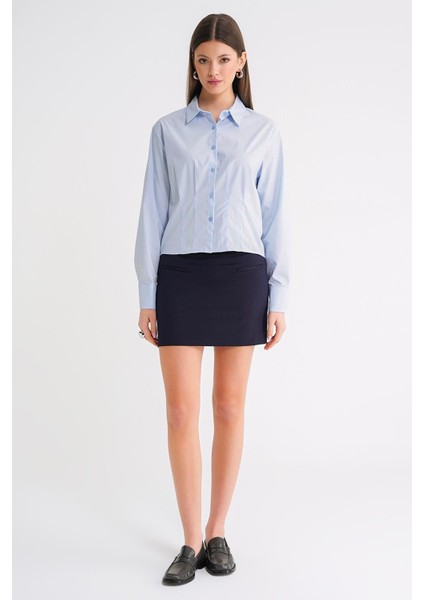 4645 Kadın Önü Pileli Uzun Kol Kısa Basic Fit Gömlek Bebe Mavi modelleri