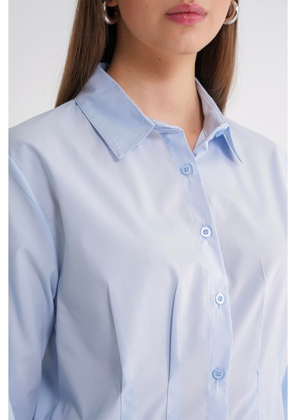 4645 Kadın Önü Pileli Uzun Kol Kısa Basic Fit Gömlek Bebe Mavi fırsatları