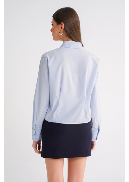 4645 Kadın Önü Pileli Uzun Kol Kısa Basic Fit Gömlek Bebe Mavi indirimleri