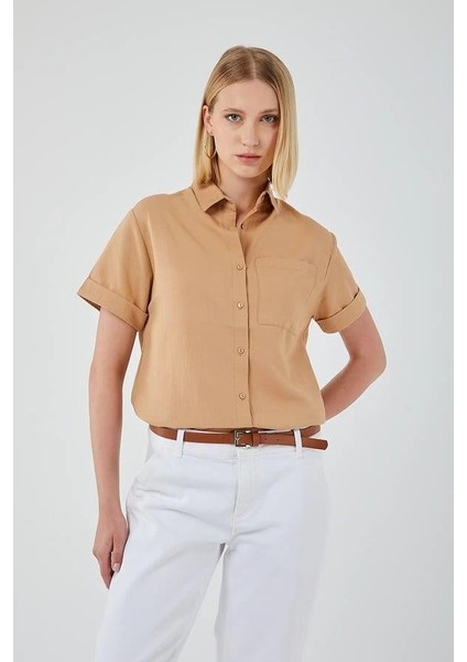3950 Kadın Oxford Kısa Kollu Basic Gömlek Vizon fiyatları