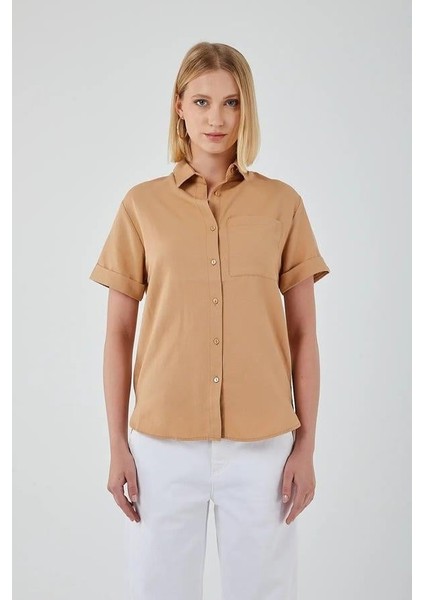 3950 Kadın Oxford Kısa Kollu Basic Gömlek Vizon modelleri