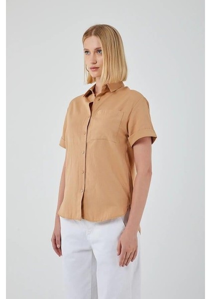 3950 Kadın Oxford Kısa Kollu Basic Gömlek Vizon fırsatları