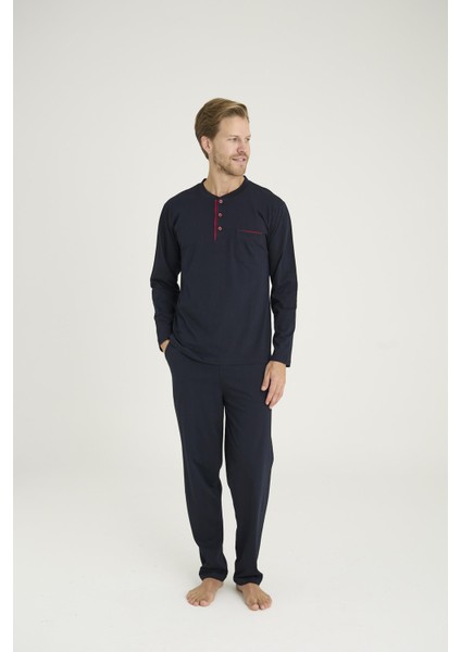 Erkek Ekstra Büyük Beden %100 Pamuklu Düğmeli Yaka Mevsimlik Uzun Kollu Pijama Takım