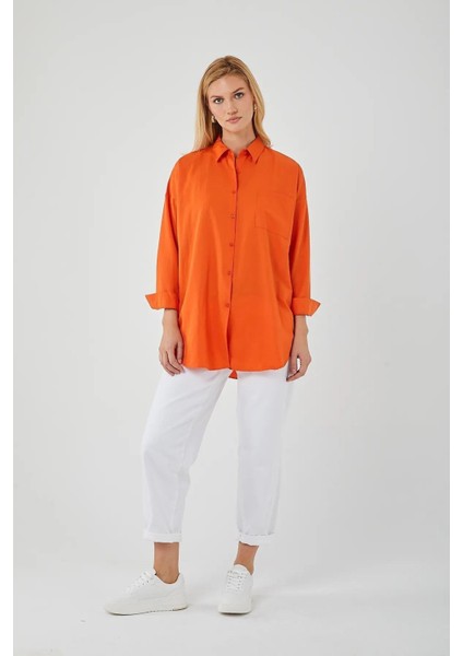 4053 Kadın Tek Cepli Oversize Basic Gömlek Oranj