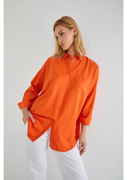 4053 Kadın Tek Cepli Oversize Basic Gömlek Oranj modelleri