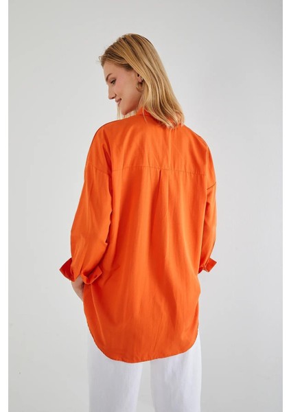 4053 Kadın Tek Cepli Oversize Basic Gömlek Oranj fırsatları