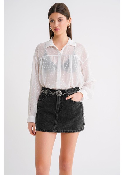 4678 Kadın Ince Desenli Robalı Yazlık Transparan Gömlek Beyaz fiyatları