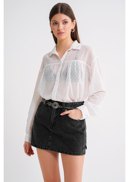 4678 Kadın Ince Desenli Robalı Yazlık Transparan Gömlek Beyaz fırsatları