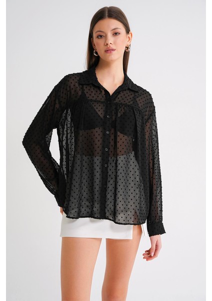 4678 Kadın Ince Desenli Robalı Yazlık Transparan Gömlek Siyah fiyatları
