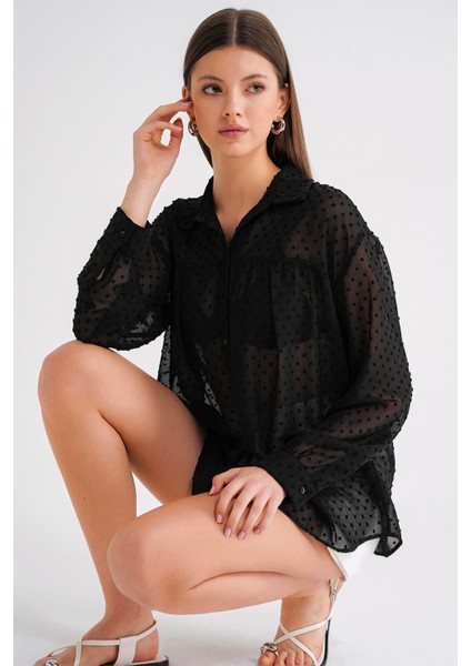 4678 Kadın Ince Desenli Robalı Yazlık Transparan Gömlek Siyah indirimleri