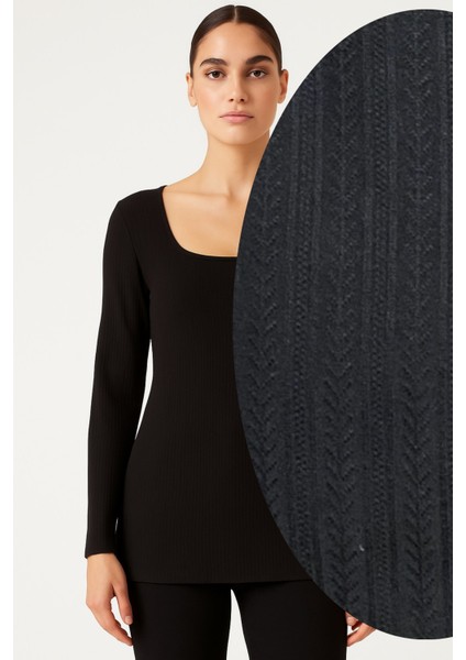 Büyük Beden Kare Yaka Uzun Kol Ribana Bluz