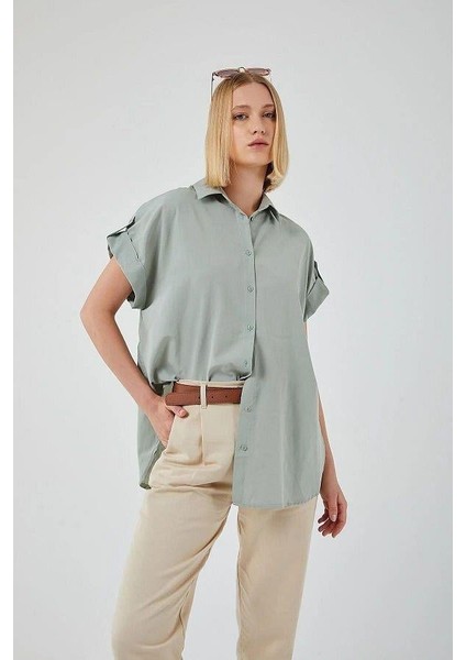 3967 Kadın Apoletli Kısa Kol Oversize Gömlek Çağla