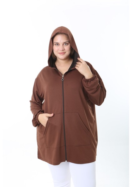 Kadın Likralı Kahverengi Kapüşonlu Büyük Beden Hırka