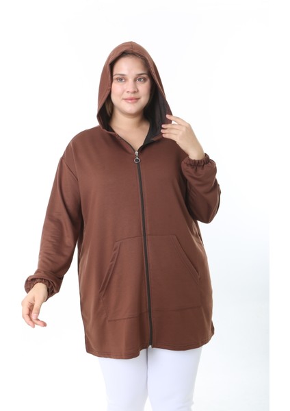 Kadın Likralı Kahverengi Kapüşonlu Büyük Beden Hırka modelleri