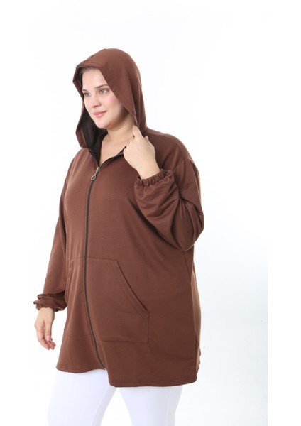 Kadın Likralı Kahverengi Kapüşonlu Büyük Beden Hırka fırsatları
