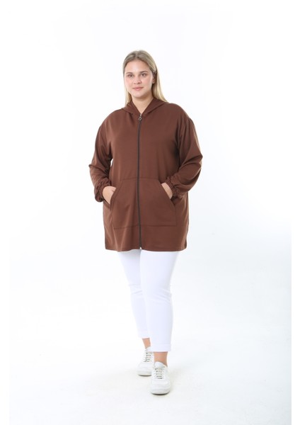 Kadın Likralı Kahverengi Kapüşonlu Büyük Beden Hırka indirimleri