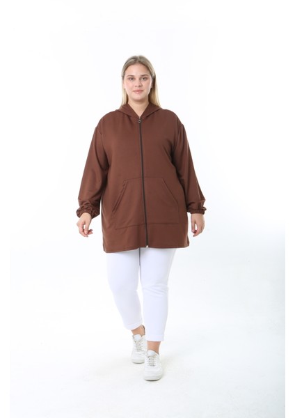 Kadın Likralı Kahverengi Kapüşonlu Büyük Beden Hırka