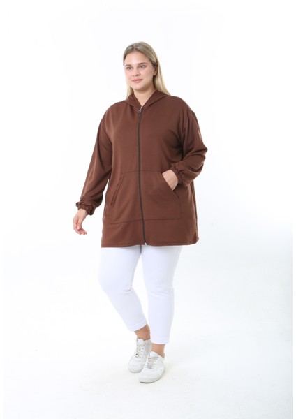 Kadın Likralı Kahverengi Kapüşonlu Büyük Beden Hırka