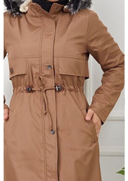 Water Prof Kadın Kışlık Mont Taba Renk İç Kürklü Uzun Suya Dayanıklı Model modelleri