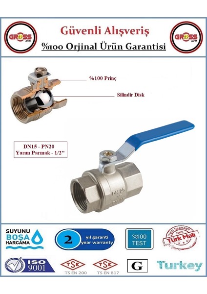 Küresel Temiz Su Vanası - %100 Prinç - 1/2''