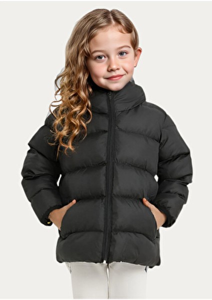 Kız Çocuk Siyah Polarlı Şişme Mont Su ve Rüzgar Koruması