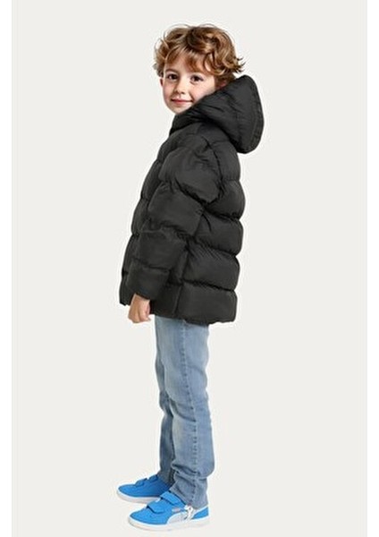 Kız Çocuk Siyah Polarlı Şişme Mont Su ve Rüzgar Koruması