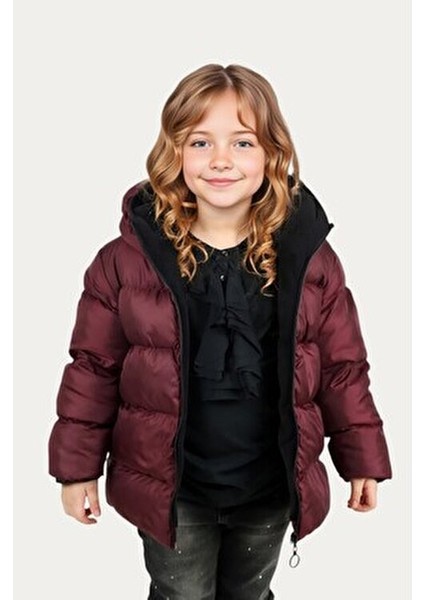 Kız Çocuk Bordo Kapüşonlu Su ve Rüzgar Geçirmez Fleece İçlikli Kış Montu indirimleri