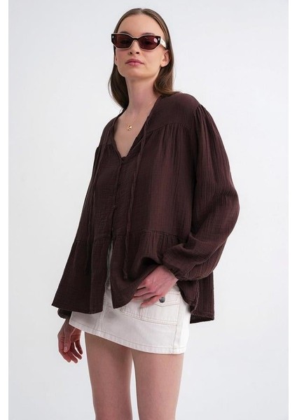 4563 Kadın Yakası Bağlamalı Kolu Lastikli Bol Müslin Gömlek Kahve fırsatları