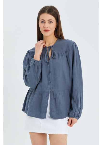 4563 Kadın Yakası Bağlamalı Kolu Lastikli Bol Müslin Gömlek Antrasit
